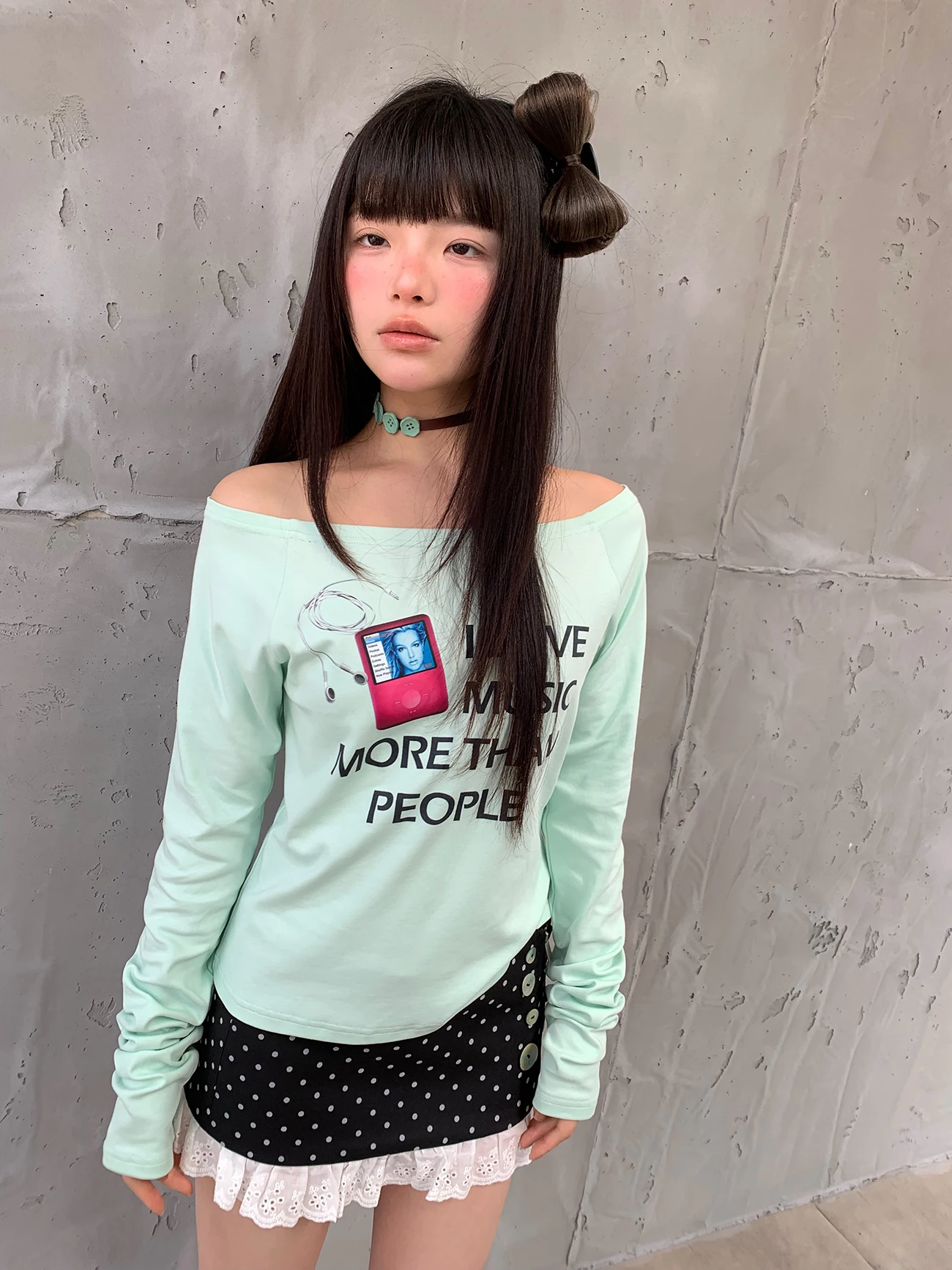 Loose Women's T-shirt Shoulder Hole Mint Green Cotton Long Sleeve Printed Casual Style Bottoming Shirt Millennium Early Feeling