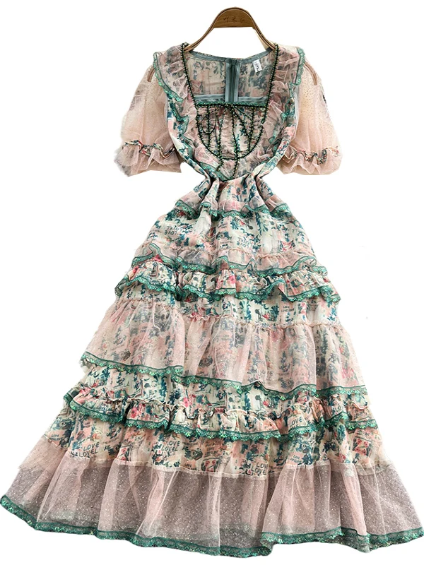 

Retro Diamond Belted Square Ne Dr Women's Summer Slimming Skirt High Waist Cake Skirt Bubble Sve ort Sve Midi Dr