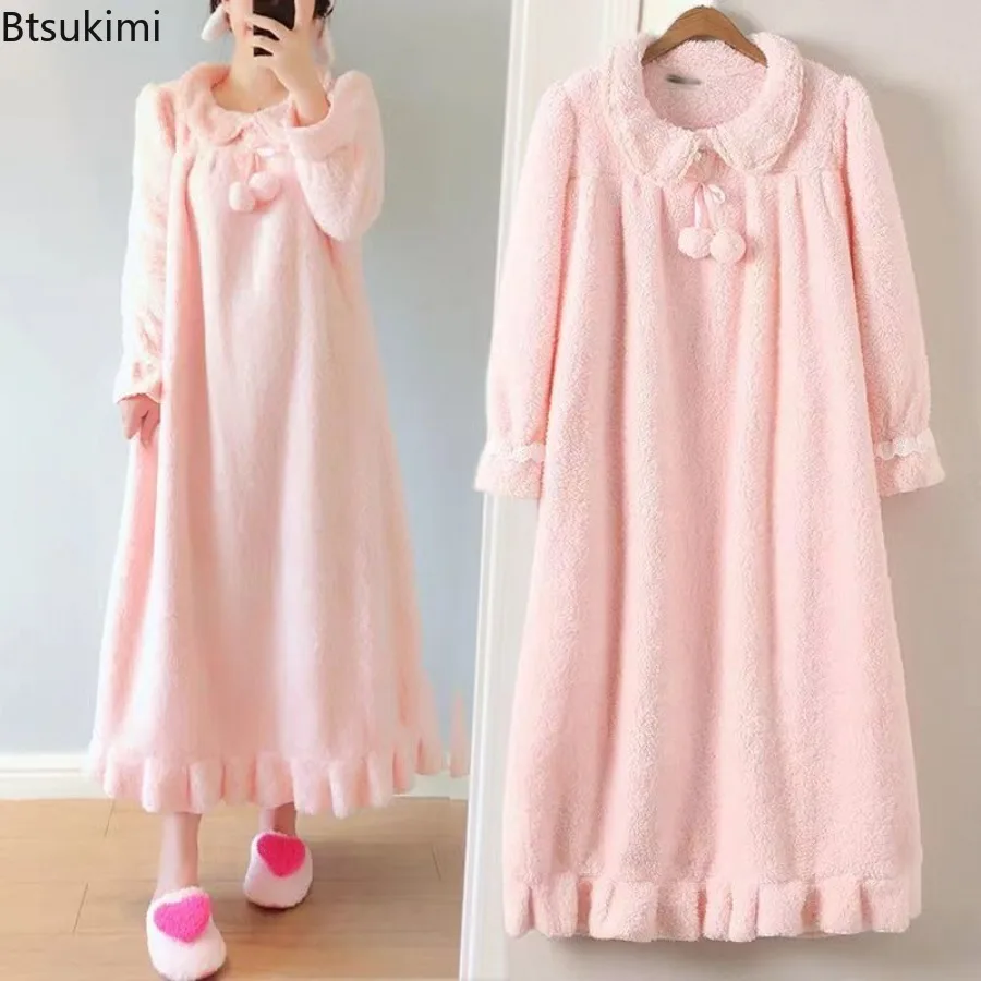 2025, Damen-Nachthemd aus dickem Flanell, Herbst und Winter, warm, einfarbig, langärmelig, Spitze, Nachtwäsche, neues süßes Mädchen-Nachthemd