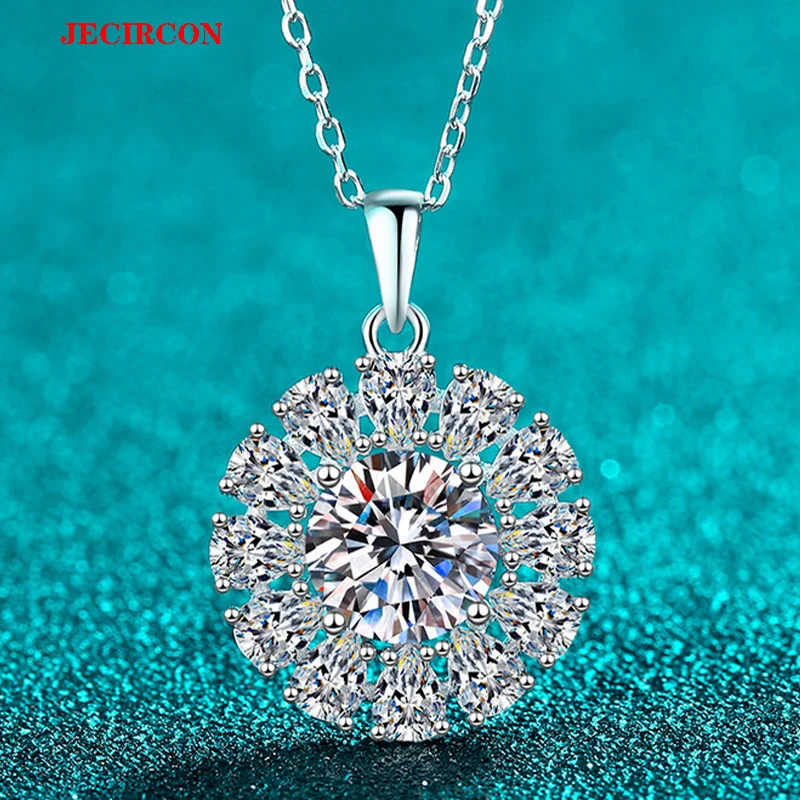

JECIRCON Women's 2ct Moissanite 925 Sterling Silver Necklace Shiny Sunflower Pendant Korean & Japanese Style Ins Clavicle Chain