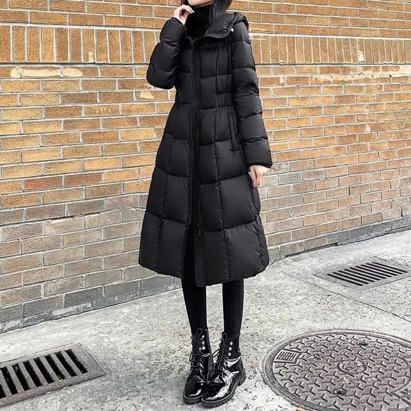 Ropa de mujer nuevo corsé de invierno negro impermeable de algodón mujeres elegante moda gruesa sudaderas con capucha Midi cintura elástica Parkas cuadradas