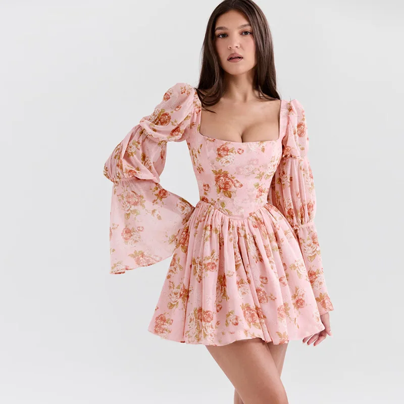 

Puff Sleeve Floral Print Sexy Mini Dress Women Robe Square Collar Backless Ruffled Pleated Sexy Party Dress Clubwear