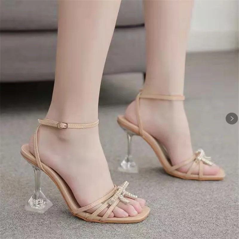 Sexy Peep Toe Rhinestone Butterfly-knot Women\'s Sandals Transparent High Heels Summer Ankle Buckle Strap Banquet Shoe