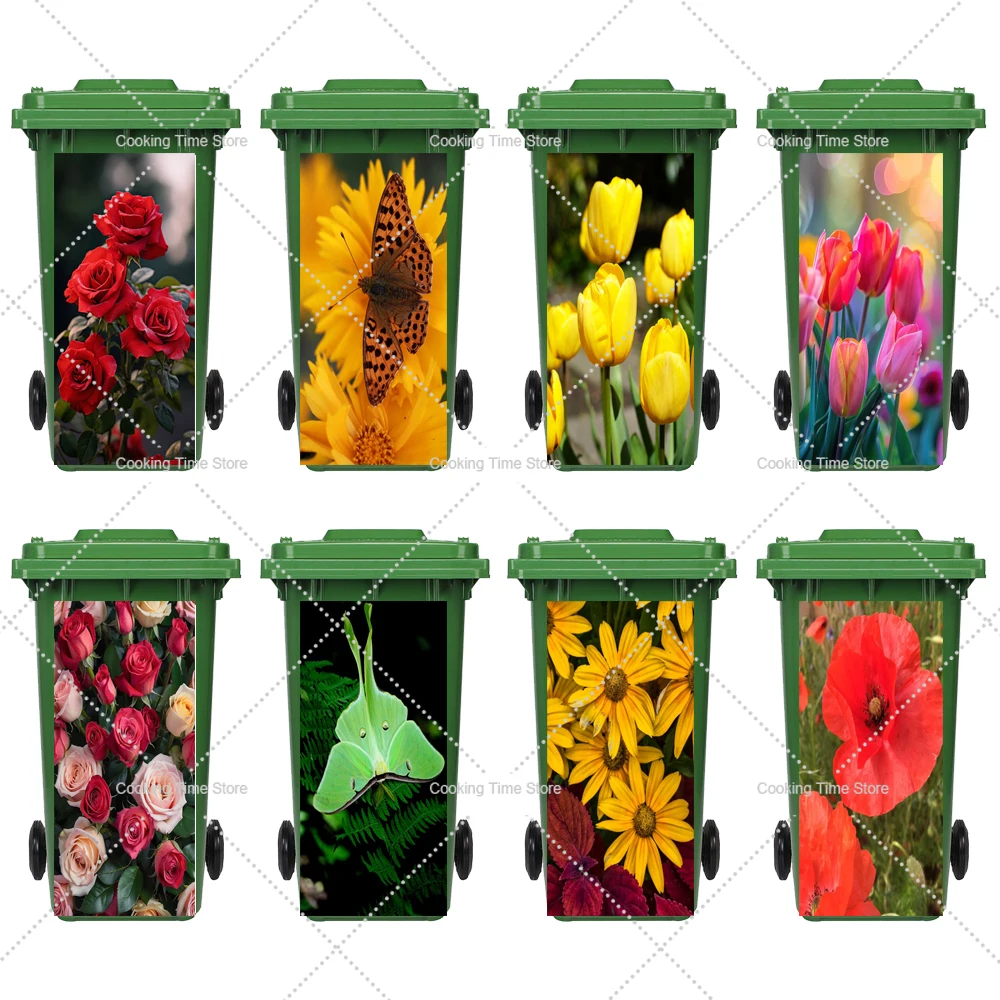 Flowers Butterfly Trash Can Stickers Tulips/poppies Removable Peel and Stick Decal Outdoor Rubbish Bin Decoration Poster Sticker