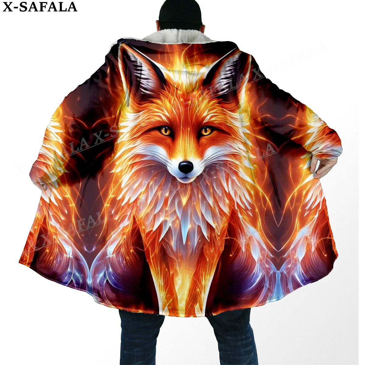 Elegant Fox 3D Print Thick Warm Hooded Cloak Men Overcoat Coat Windproof Fleece Cape Robe Hooded Blanket-4