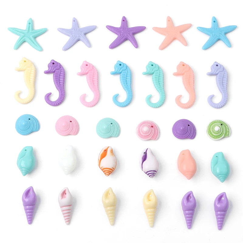 30g Random Mixed Plastic Acrylic Sea-life Starfish Sea Horse Conch Shapes Beads Charms for DIY Jewelry Craft Making Accessories