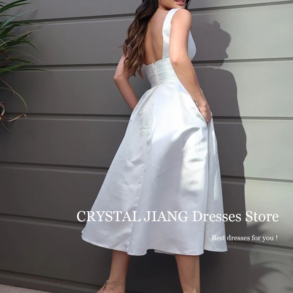 Elegant Short V Neck Satin Natural Waist Sleeveless A Line Tea Length Vestidos Para Mujer Custom Made Bridal Gowns