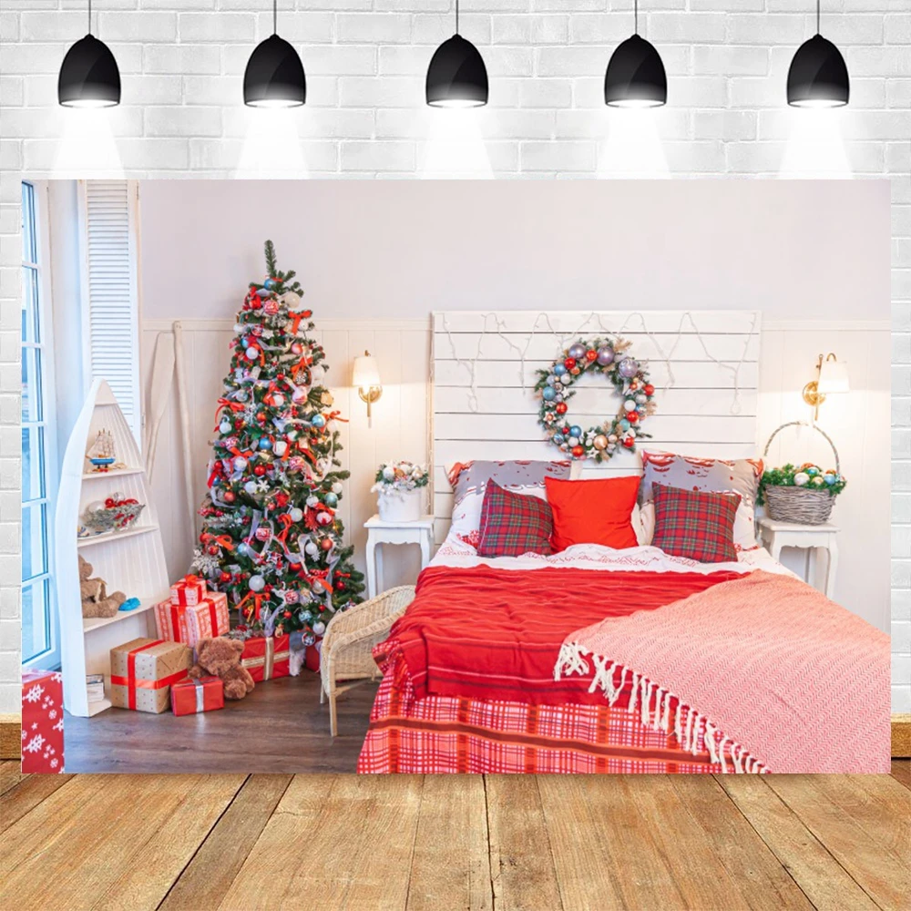 Christmas Backdrop for Photography Bed White Wall Wreath Xmas Tree Background Family Bedroom Portrait Decor Photocall Photo Prop