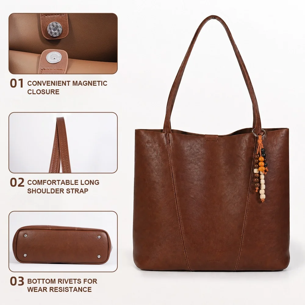 WHIMARKS Women's Handbag Retro Luxury Tote Bag Large-Capacity Commuter Shoulder Bag PU Vintage Leather Crossbody 2Pcs Bag Set
