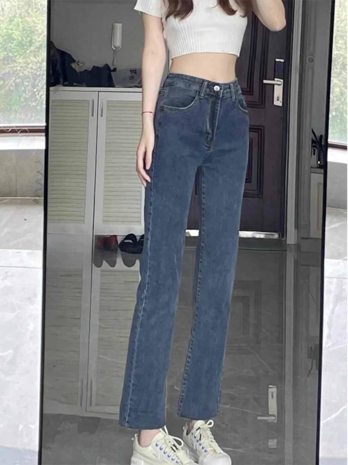 

High Waist Straight Leg Denim Jeans Women's Autumn New Style Slimming Short plus Size Elastic Cuffed Ankle Length Blue Jeans