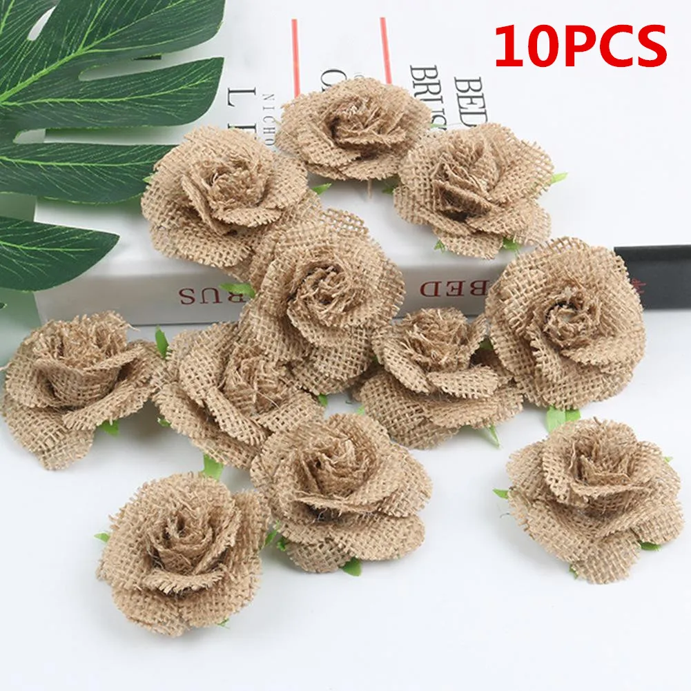 wedding party decoration linen flower 10Pcs Burlap Christmas Flower Rose Handmade DIY Rustic Wedding Xmas Party Decor