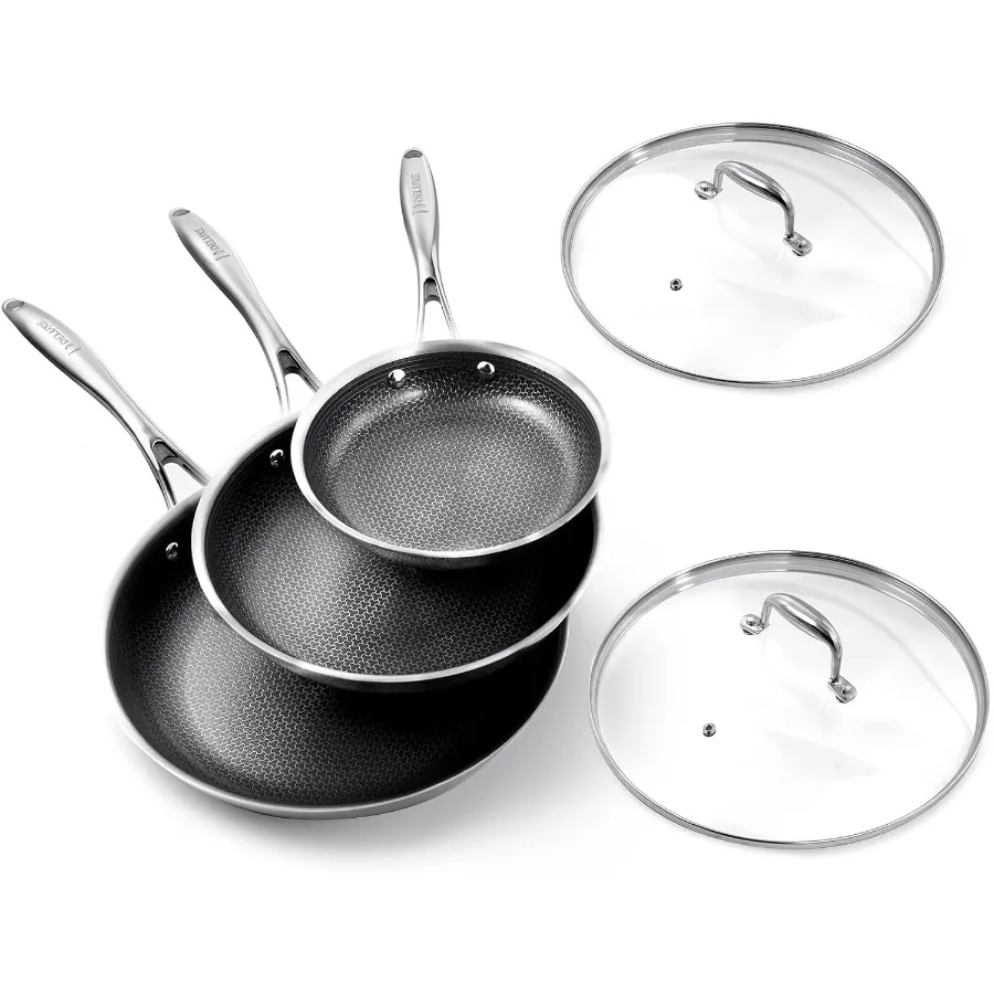 

Hybrid Ceramic Nonstick 5Piece Fry Pan Set8 10 12 Inch Frying Pans with Tempered Glass Lids StayCool Handles Dishwasher Safe Wo