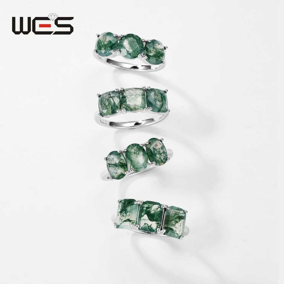 

WES Three Stones Natural Moss Agate Ring for Woman 925 Sterling Silver Ring Forest Jewelry Wholesale Jewelry Engagement Gift