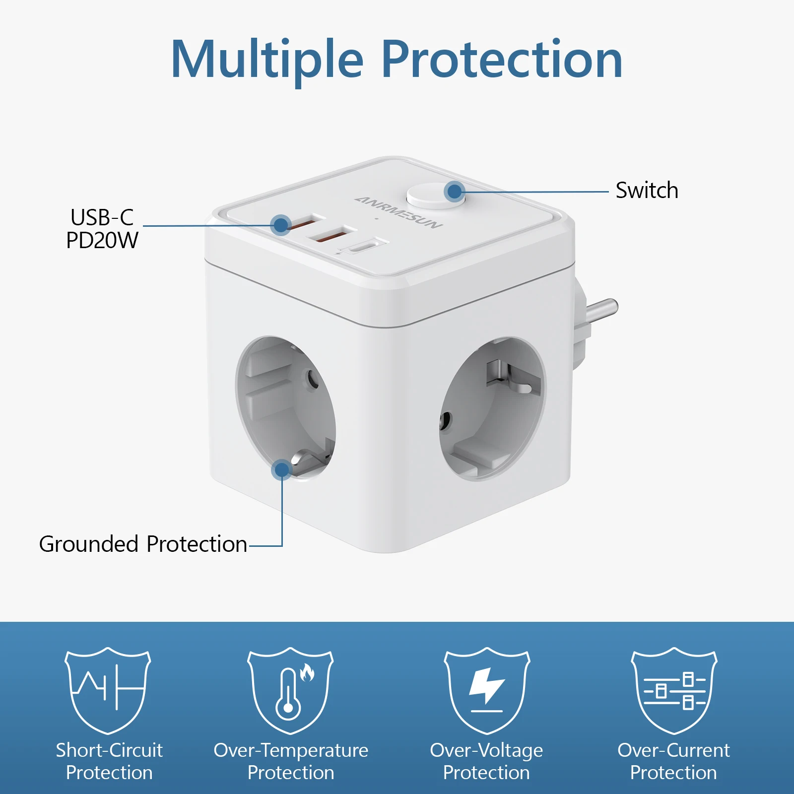 Multiple Wall Socket Extender with Switch 3 Outlets 3 USB Ports Portable Cube Multi Socket Power Adapter Type C Charge On Travel