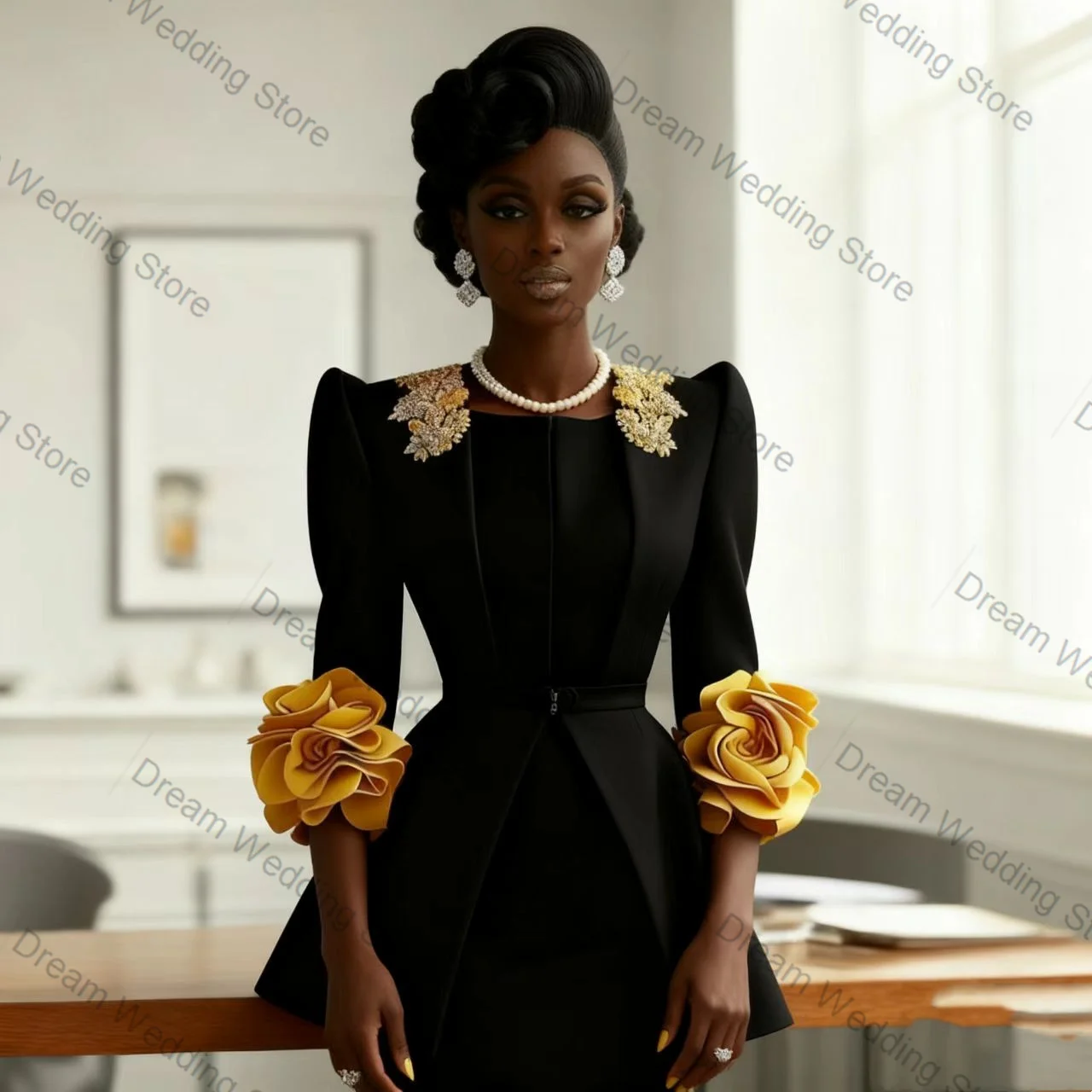 

Black Women Suit Set 2 Pcs Blazer+Straight Pants Trousers 3D Flower Formal Office Lady Jacket Customized Wedding Guest Coat