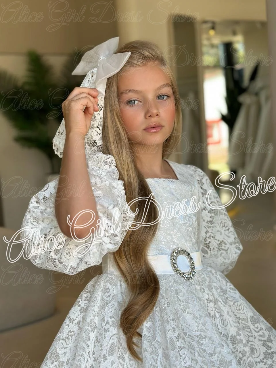 Customized White Milk Lace Flower Girl Dresses for Wedding Puffy Sleeves Knee Length First Communion Kids Birthday Party Gowns