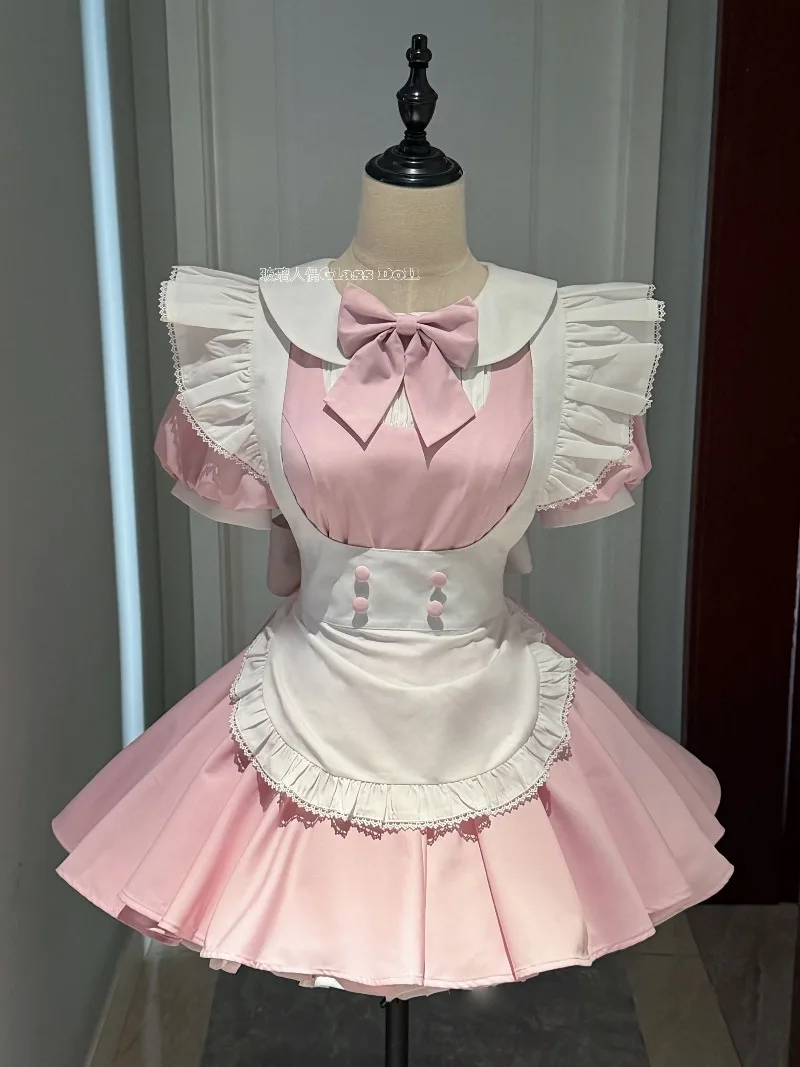 

Original Design Pink Japanese Maid Outfits Sweetheart Girl Lolita Dress OP Short-sleeved Doll Collar Slim Tutu Dresses Women