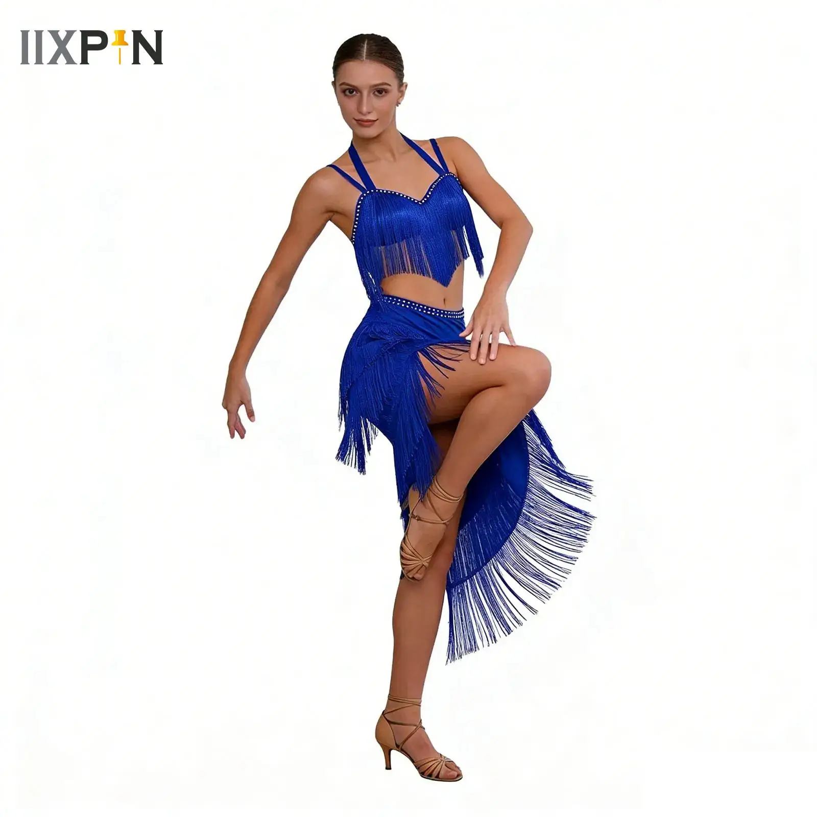 

Womens Latin Dance Camisole with Irregular Skirt Belly Dance Costumes Ballroom Fringe Tassel Dress Salsa Samba Stage Outfits