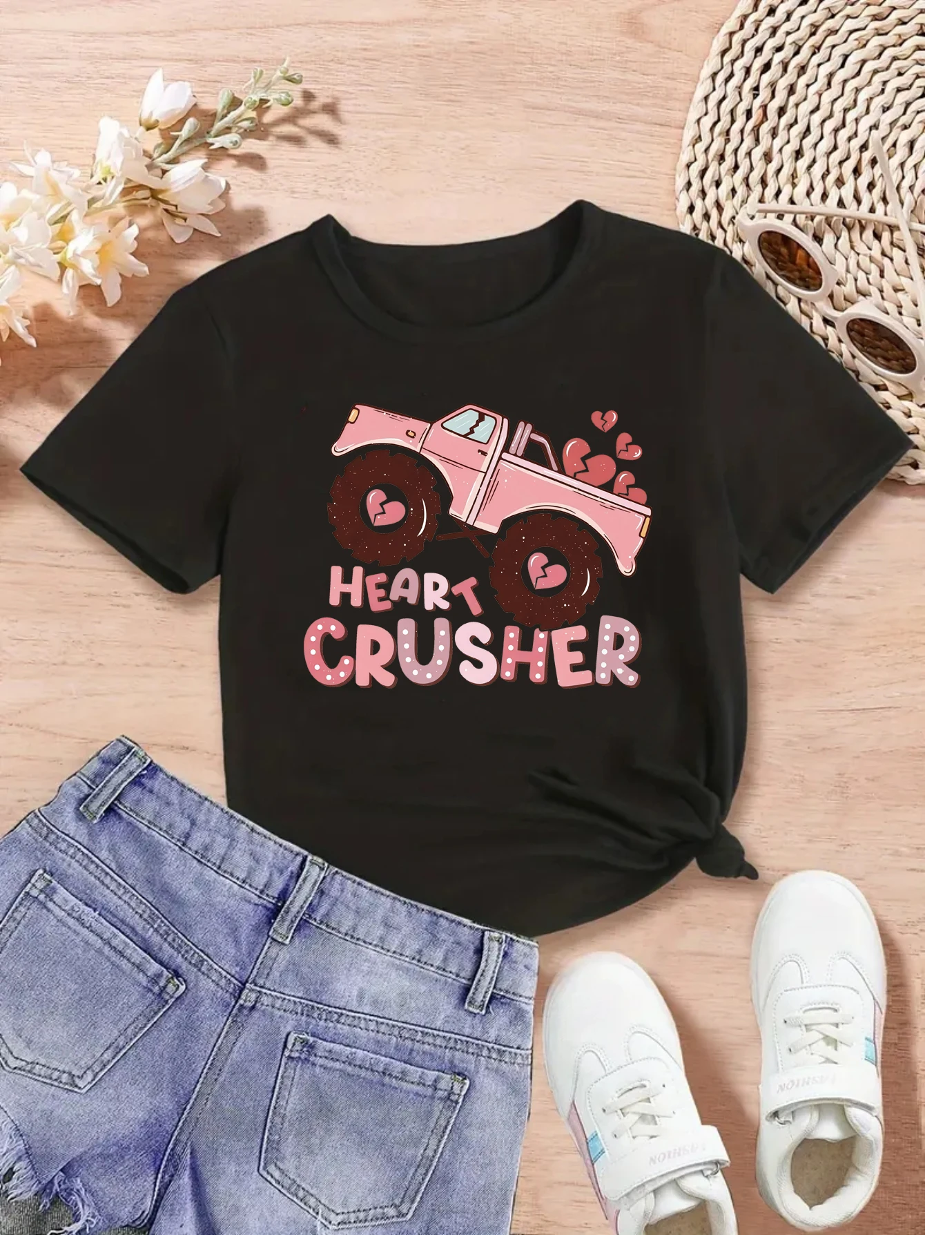 

Valentine'S Day Gift T-Shirt Heart Crusher Tractor Printed T Shirt Girls Kawaii Kids Clothes Funny Summer Short Sleeve Shirt