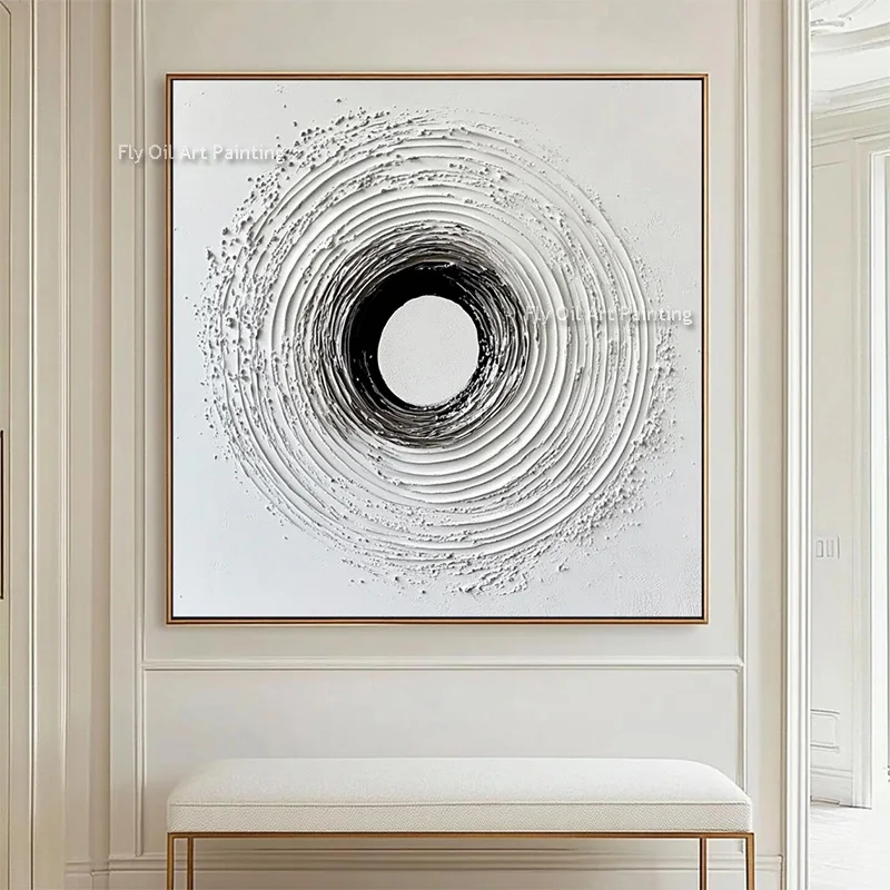 Black White Canvas Thick Circle Wall Art Decor For Living Room Handpainted New Design Golden White Circle Oil Painting As Gifts