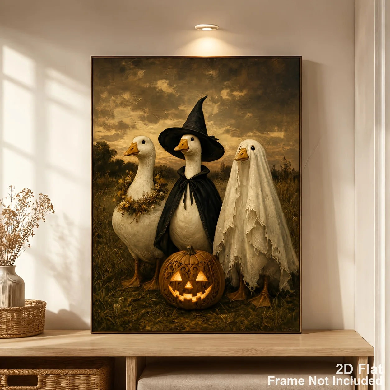 (No frame)2D Flat, Halloween Duck Witch & Goose Canvas - Vertical Suitable for -ages Suitable for Living Room, HD Ink Unframe