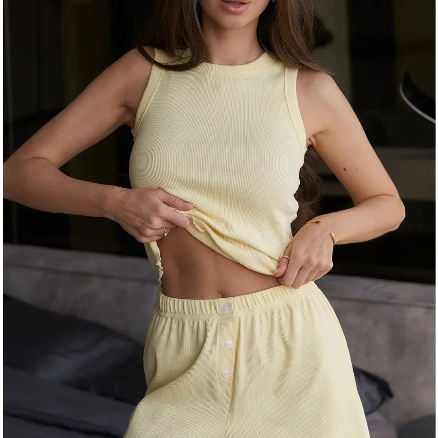 

2025 Spring and Summer Pajamas Set Solid Color Comfortable Vest Shorts Casual Loungewear Two-piece Set European and American