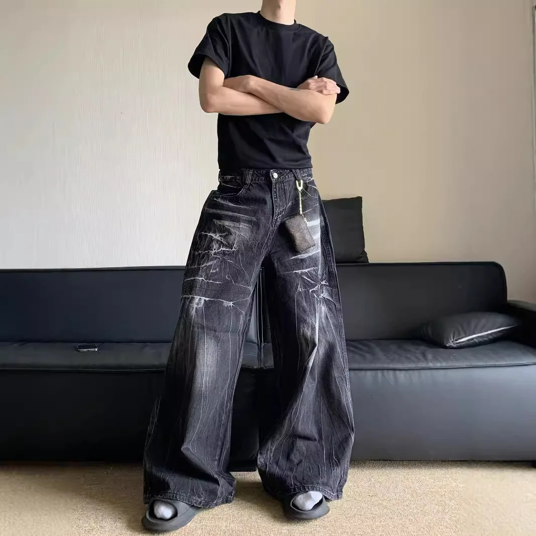 

Ретро стирка хип-хоп свободные повседневные прямые джинсы с высокой талией Y2K модная уличная одежда потертые широкие мужские джинсы с молниями