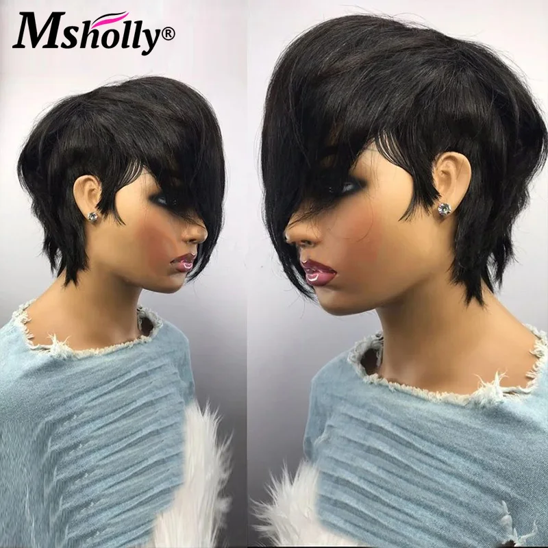 Perruque Bob Pixie Cut Brésilienne 100% Naturelle, Cheveux Lisses, Couleur Noire, Faite à la Machine, Densité 180