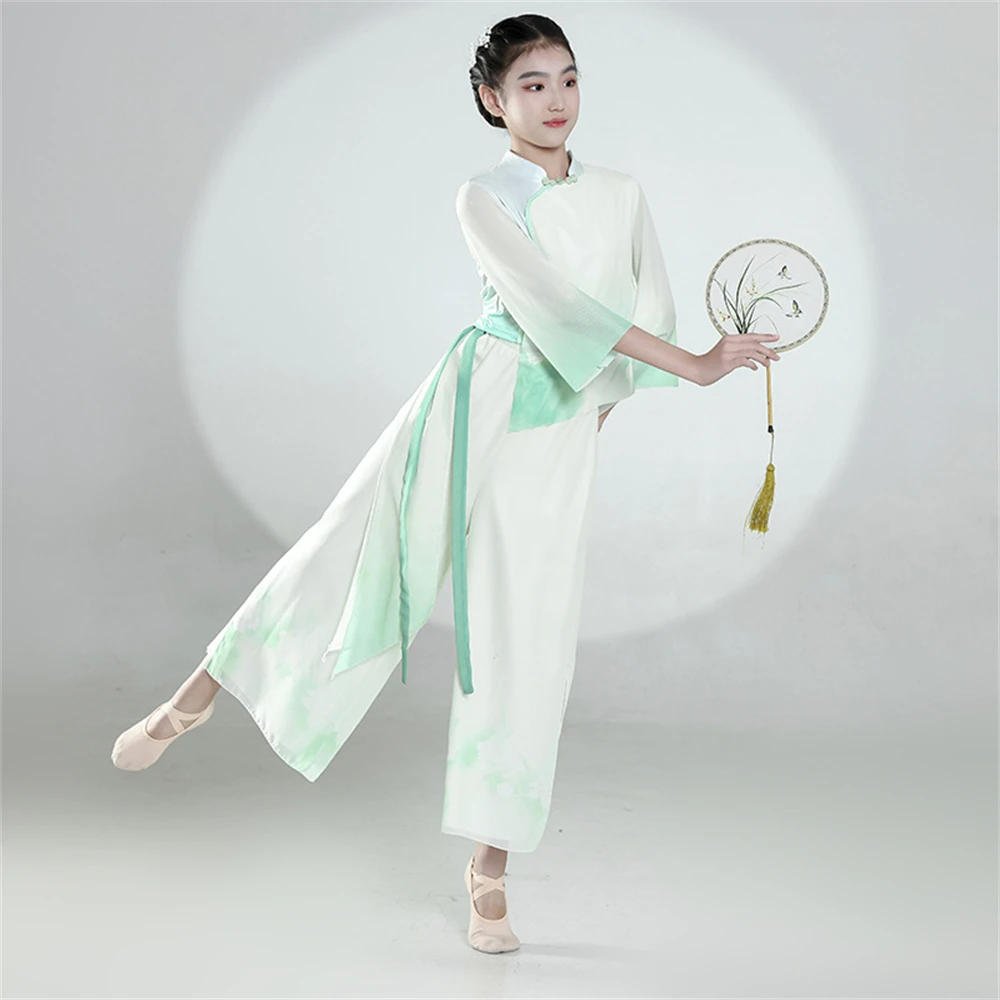 Children's Classical Chinese Folk Fan Dance Practice Clothes Girl Elegant Cheongsam Gauze Uniform Suit Stage Performance Costume