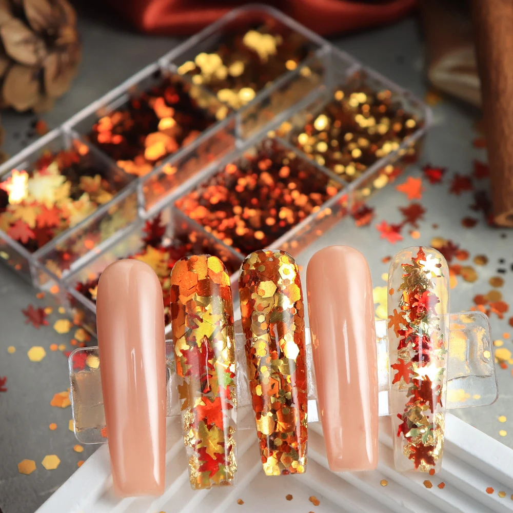 الخريف مسمار الفن بريق الترتر الخريف مابل ليف pailletes مانيكير الديكور لامع اللون مسدس الترتر الأظافر اكسسوارات #3