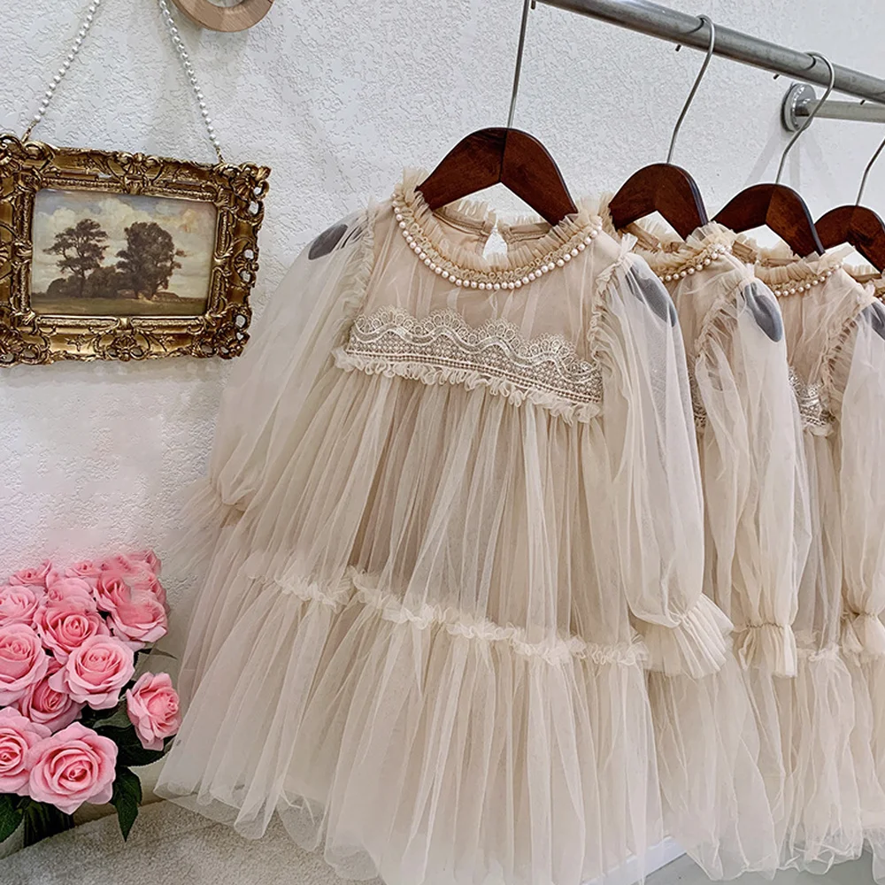 

Dress For Girls Pink Apricot Lace-trimmed Tulle Skirt Elegant Princess Prom Dress Holiday Dresses Wedding Birthday Party Gifti