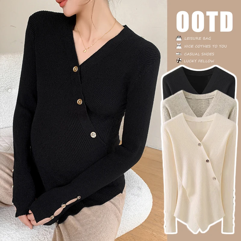 Across V neck Knitted Nursing Shirt Maternity Autumn Winter Slim Hot Bottoming Tops for Pregnant Women Youth Pregnancy Sweaters