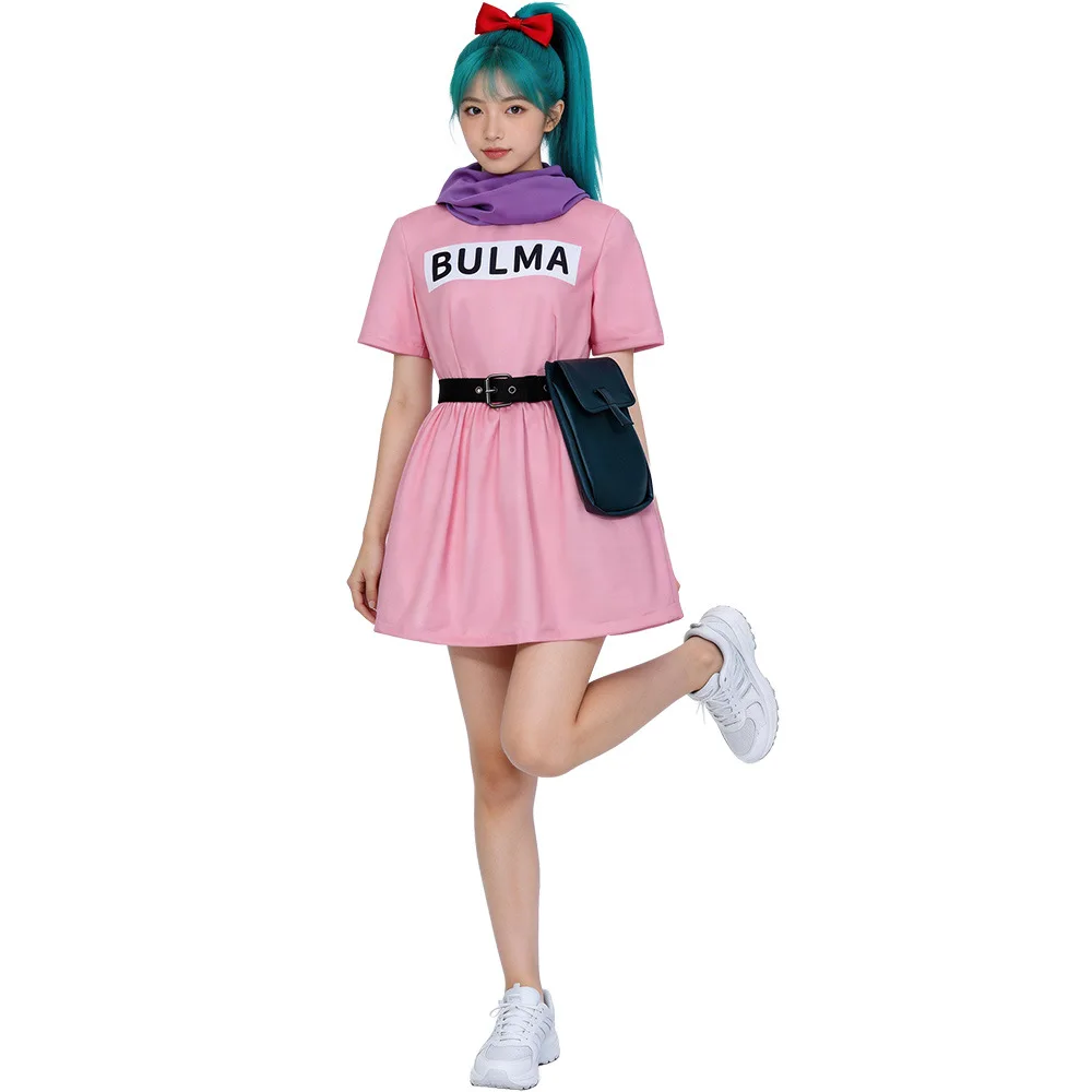 Dragon Ball Bulma Cosplay Dress Pink Short Sleeve With Purple Scarf Black Belt 97 Printed Logo For Women Girls Halloween Anime view 4
