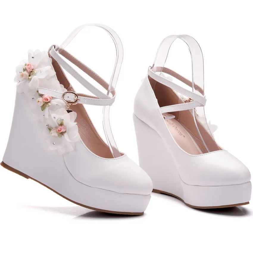 Sepatu wanita sepatu ringkas pompa dangkal pernikahan PU 10CM Wedges bulat gesper tali tali Crisscrossing zona tiang menari wanita sepatu