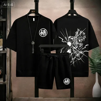 

Dragon Ball Z Goku Print Men's 2 Piece Outfit, Casual T-shirt + Shorts Set, Japanese Anime Streetwear, Summer Loose Tracksuit