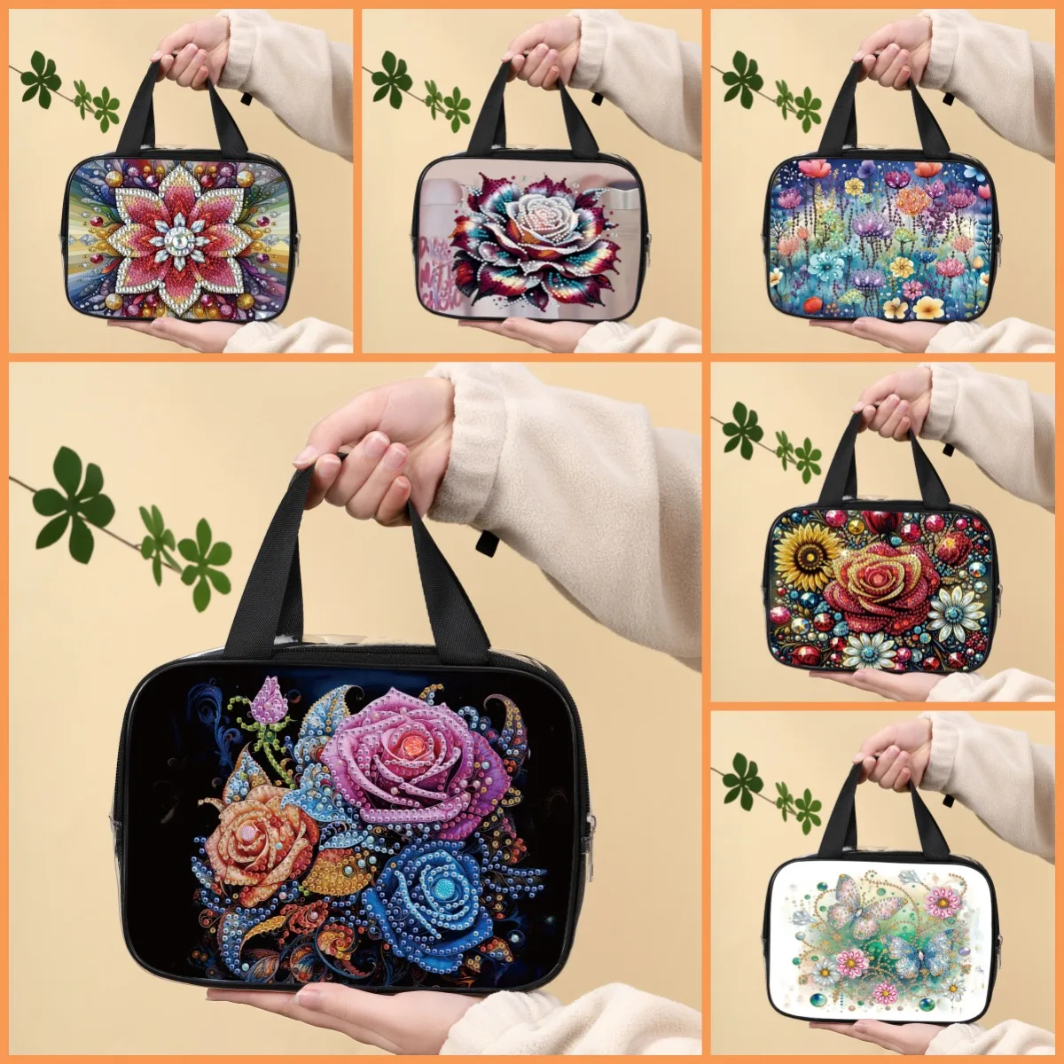 1 DIY diamond painting set, a PVC cosmetic bag with flower patterns, suitable for ladies to carry when going out