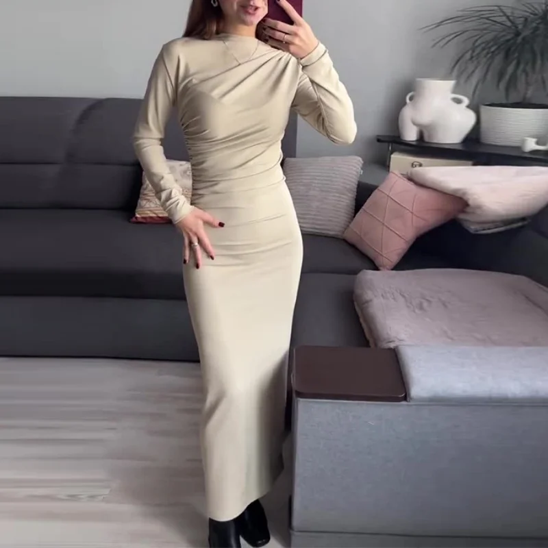 

Elegant Bodycon Midi Dress for Women Long Sleeve Slim Fit Solid Color Autumn Party Robe Sexy Package Hip Femme