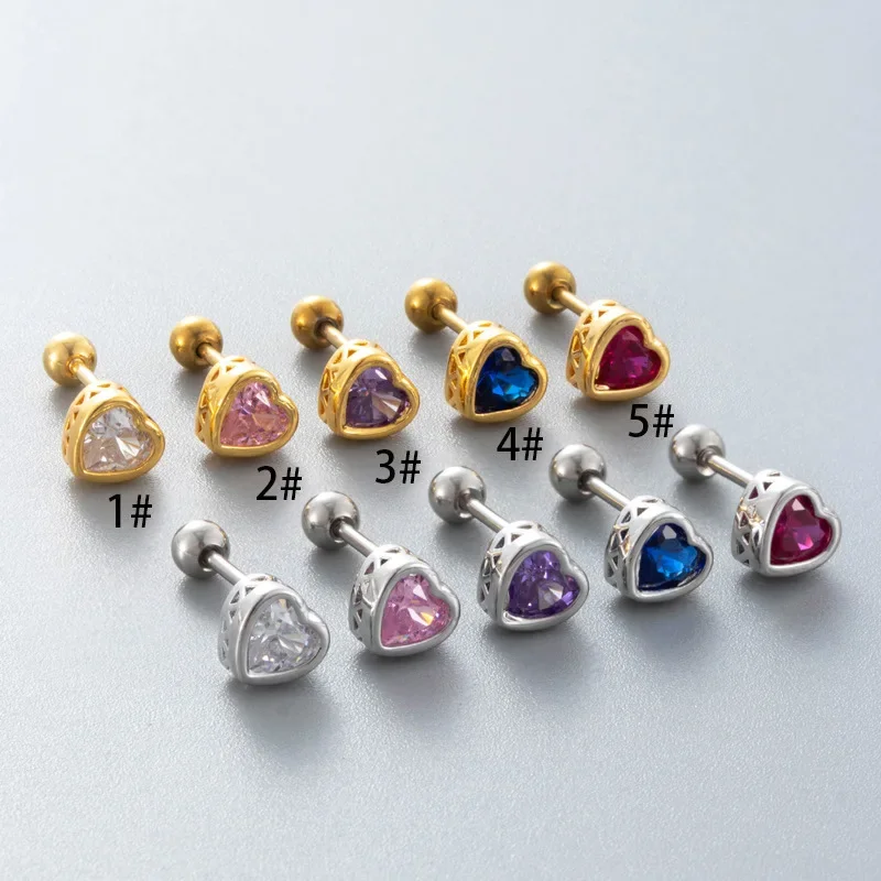 1Piece Single Heart Colorful Zircon Stud Earrings Gold Color Stainless Steel Love Heart Cartilage Earring Women Piercing Jewelry