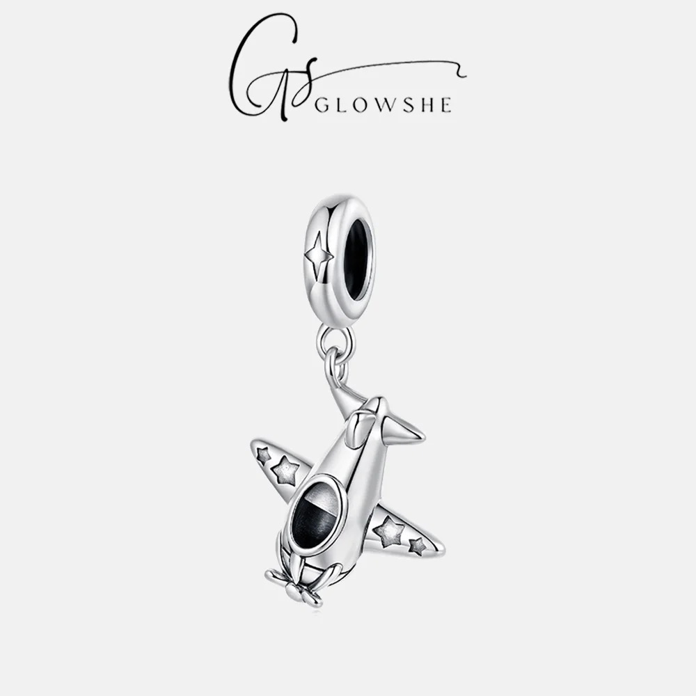 

Glowshe 925 Sterling Silver Airplane Dangle Charm Pendant Cute Star Decorated Aircraft Design Fine Jewelry For Bracelet Necklace