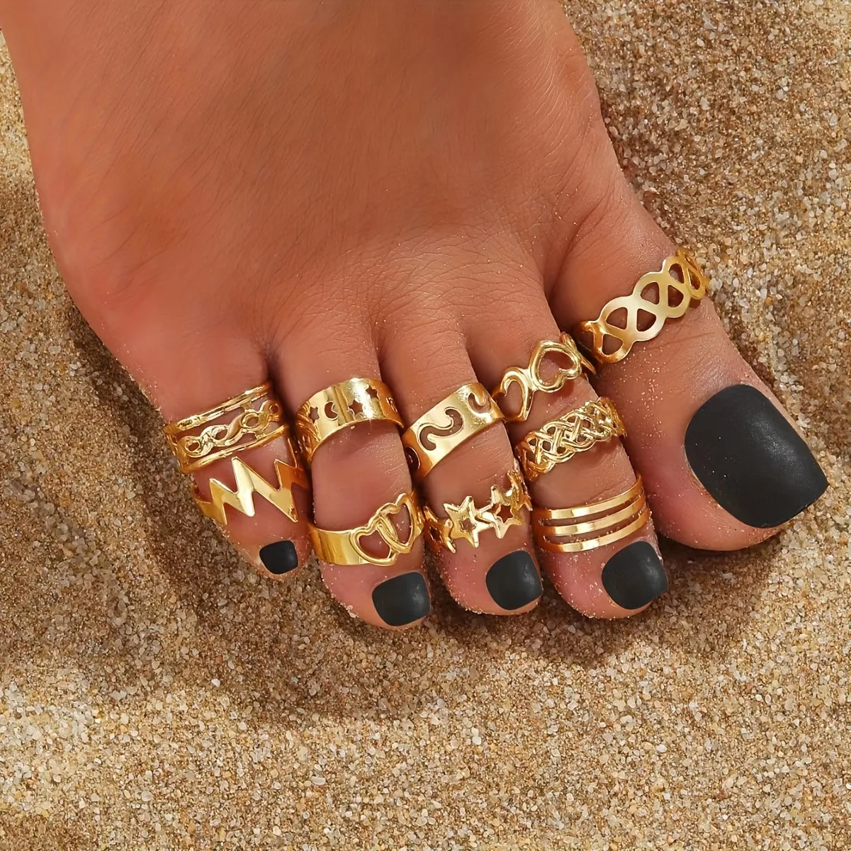 10Pcs Bohemian Hollow Star Moon Toe Ring Vintage Gold Color Adjustable Wide Opening Ring Women\'s Summer Beach Jewelry