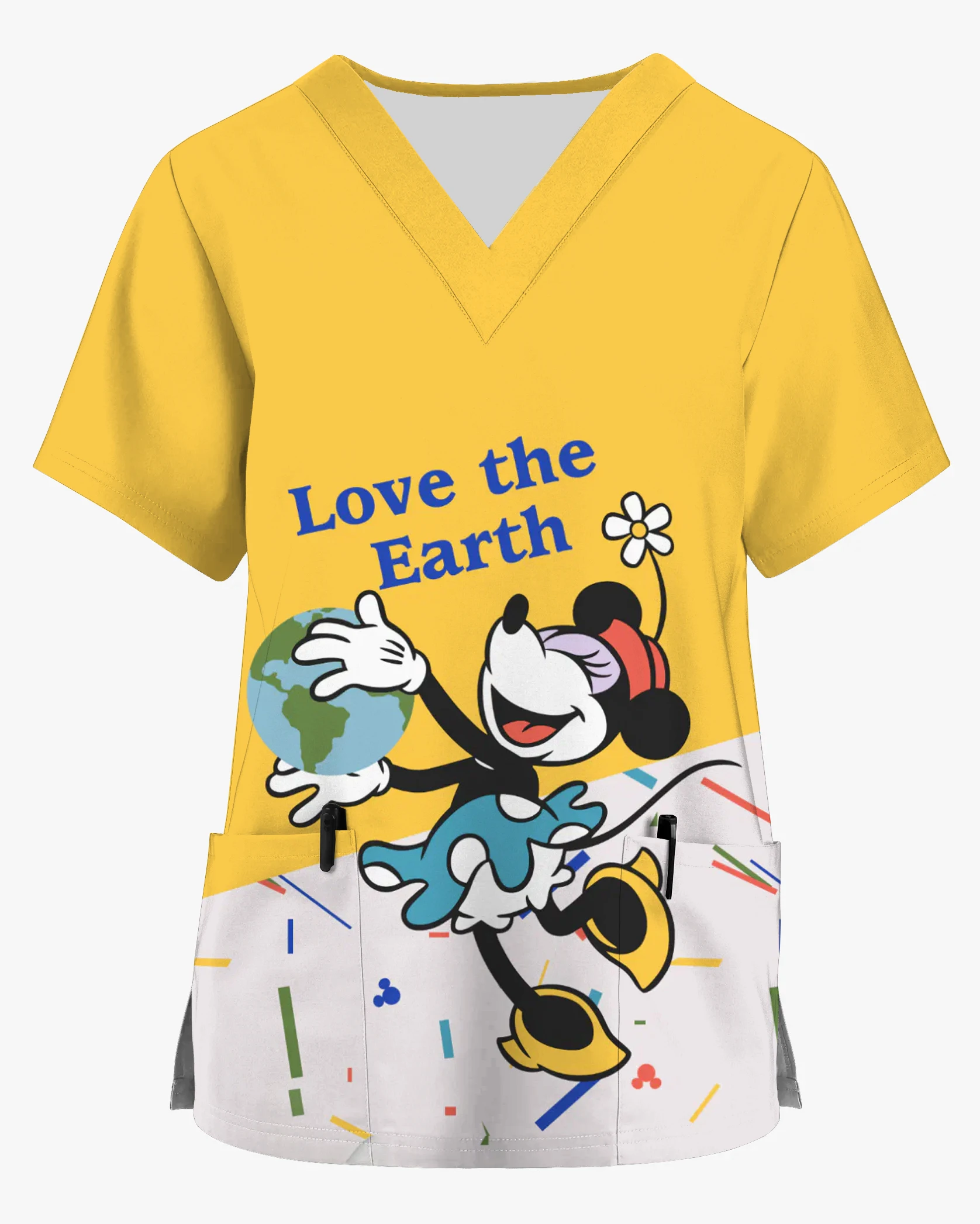 Disney-camisa de bolsillo con estampado de Mickey y Minnie para hombre y mujer, Top de manga corta con cuello en V, uniforme de trabajo para enfermería en casa