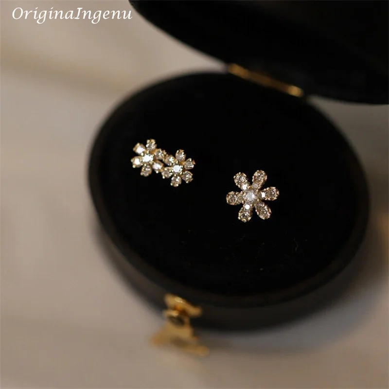 OriginaIngenu Solid 9K Gold Flower Stud Earrings Dainty Statement Zircon Earrings 9k Gold Jewelry Asymmetrical Fine Jewelry