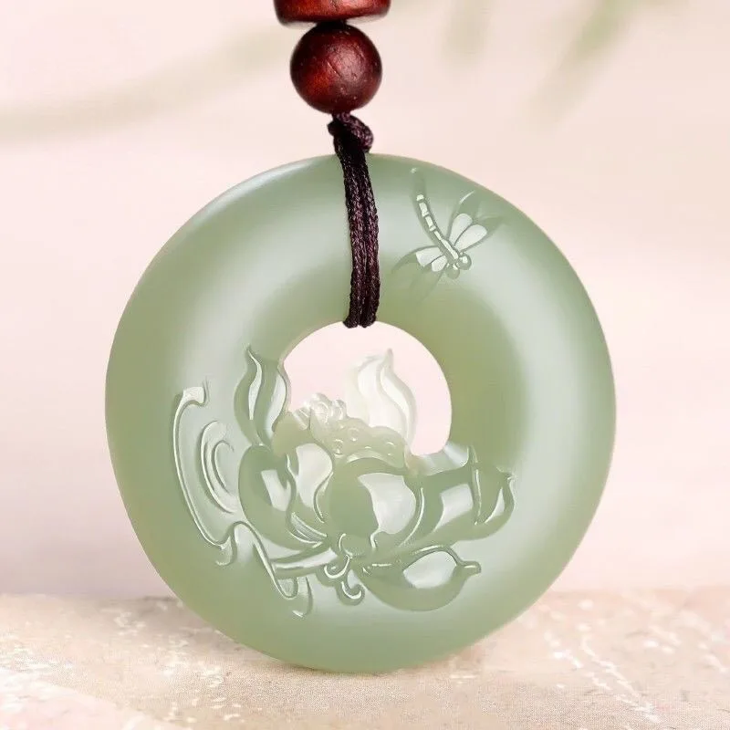 

Natural Sapphire Pendant, Ping An Dragonfly Lotus, Men's and Women's Jade Pendant, Couple Pendant.