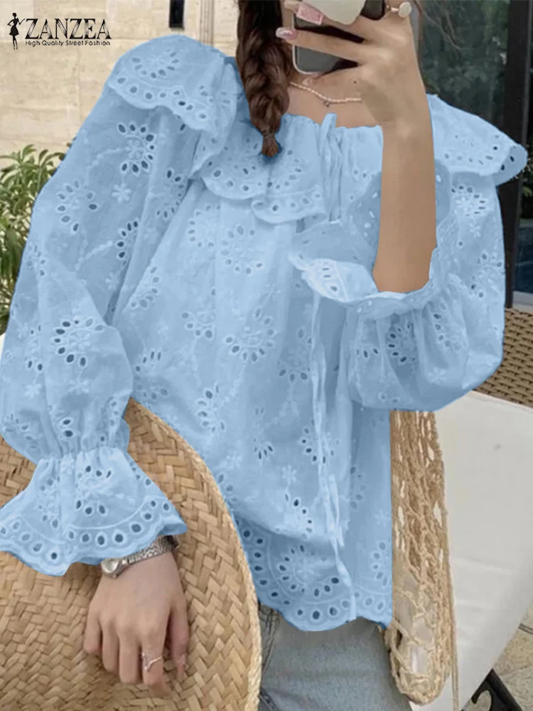 ZANZEA Elegant Korean Style Blouses 2025 Trend Casual Flounce Sleeve Lace-Up Blusas Mujer Women Openwork Embroidered Smock Tops