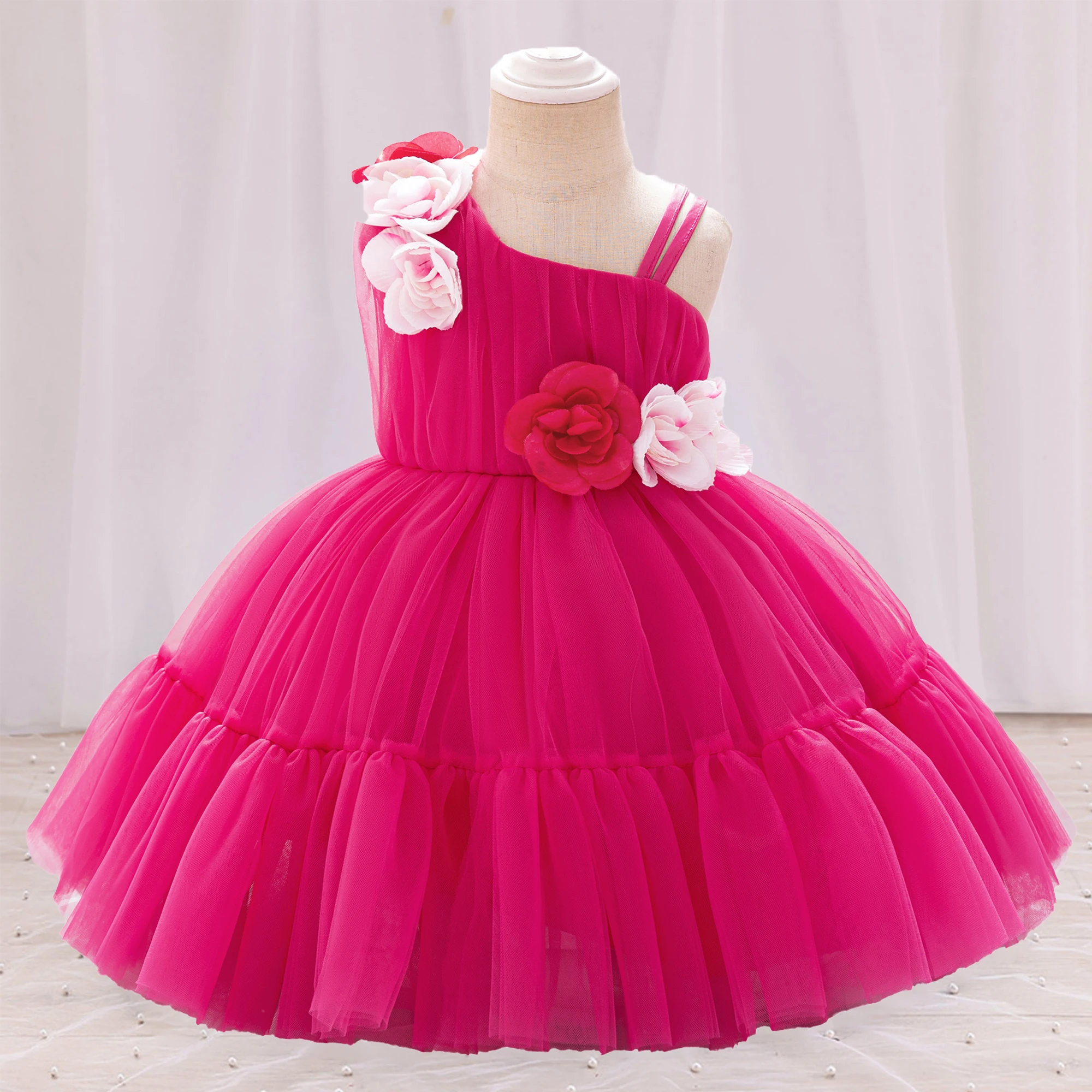 

Barbie Pink Flower Baby Girl Dresses Elegant 1st Birthday Baptism Wedding Gown Bridemaids Prom Party Dress Evening Kids Clothing