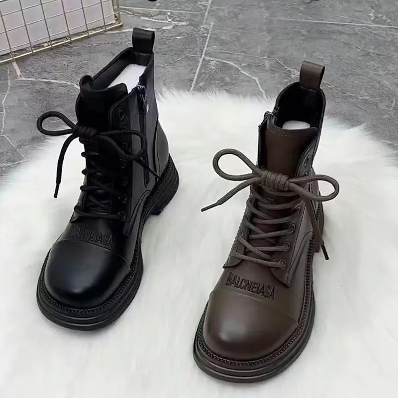 2024 Fashion Round Toe Women’s Platform Non-slip Leather Booties Lace-up Booties Outdoor Casual Daily hot Boots Botas Mujer