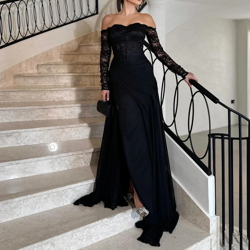 

Customized Formal Jersey A-Line Off the Shoulder Lace Evening Dress Strapless Long Sleeves Panel Train Black Party Dress