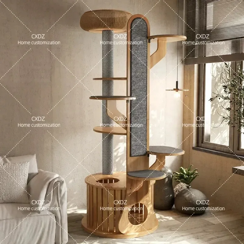 Solid Wood Cat Climbing Frame Vertical Cat Tree Integrated Cat Nest Space Capsule Design Rubber Wood Furniture for Small