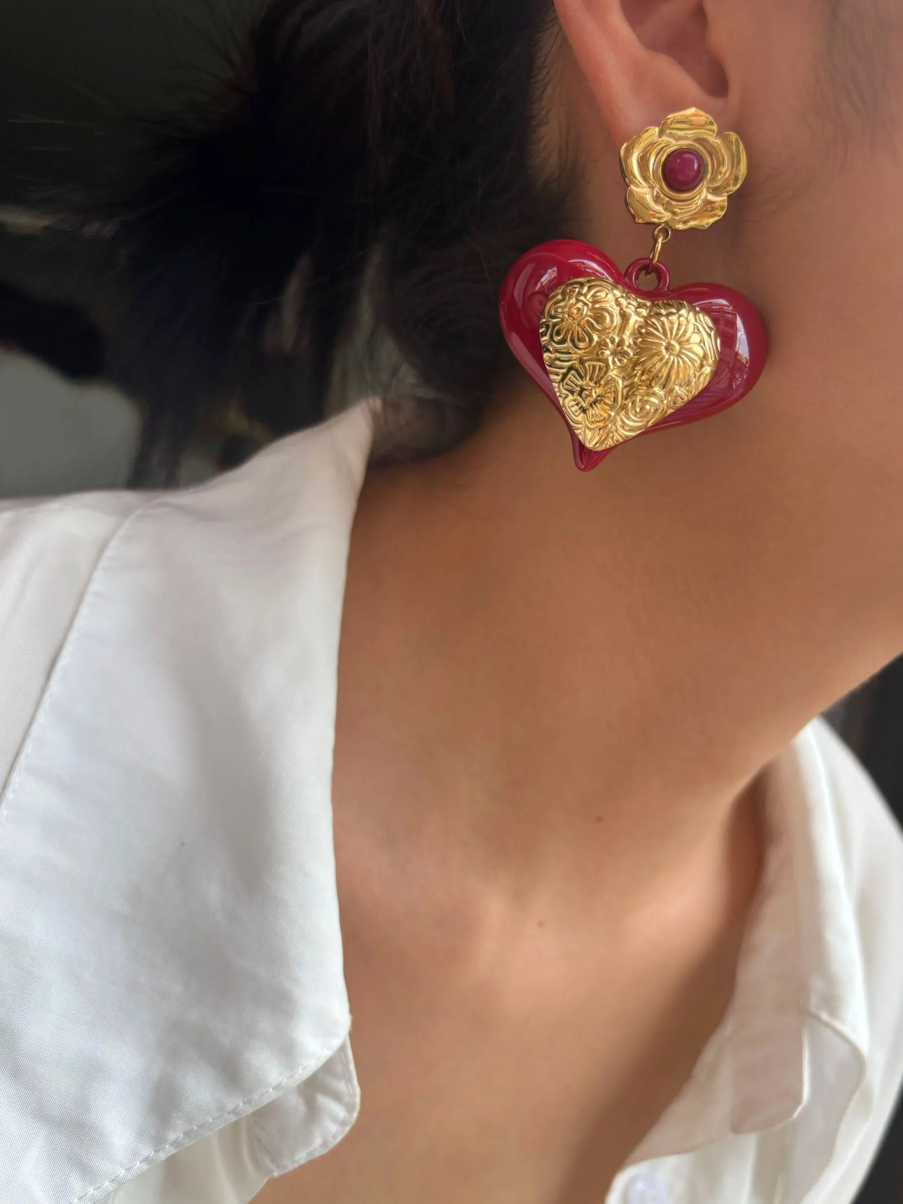 GHIDBK جديد خمر مبالغ فيه الأحمر الراتنج القلب مكتنزة إسقاط أقراط للنساء الفتيات العصرية الفولاذ المقاوم للصدأ مجوهرات حفلات الزفاف