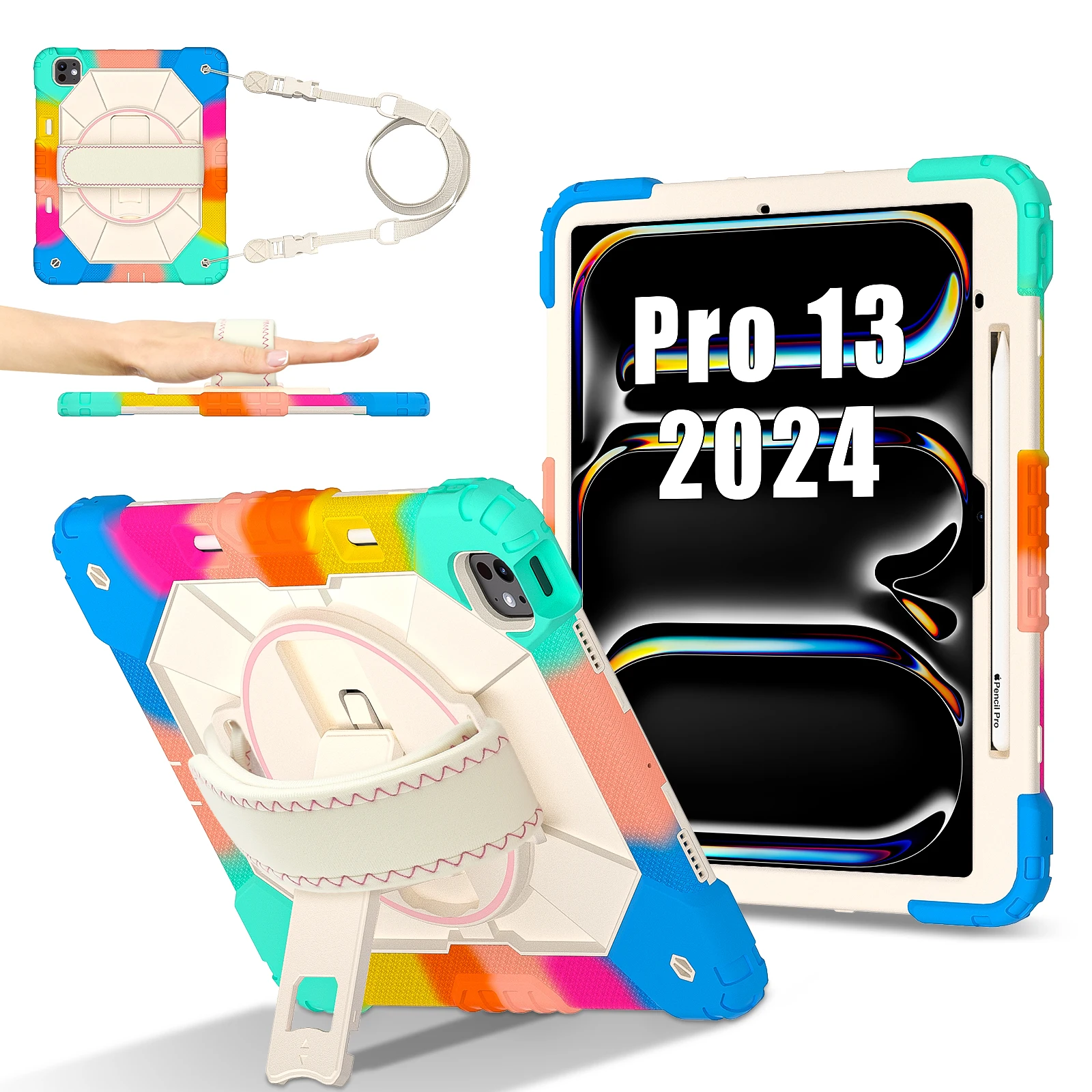 

Kickstand Stand Case For iPad Pro 13 2024 M4 Model A2926 A2925 A3007 360 Rotating Hybrid Cover With Shoulder Strap Shockproof